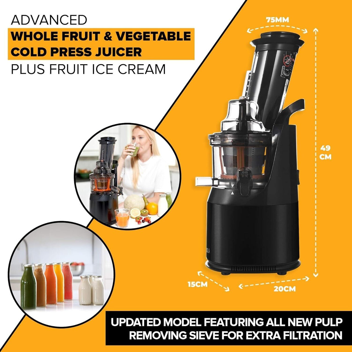 Fridja F1900 240W Whole Fruit Slow Masticating Juicer - Black 14980