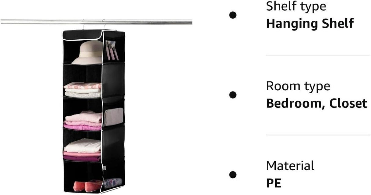 ZOBER 5-Shelf Hanging Wardrobe Organiser - 6 Side Mesh Pockets Breathable Fabric