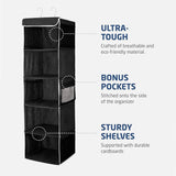 ZOBER 5-Shelf Hanging Wardrobe Organiser - 6 Side Mesh Pockets Breathable Fabric