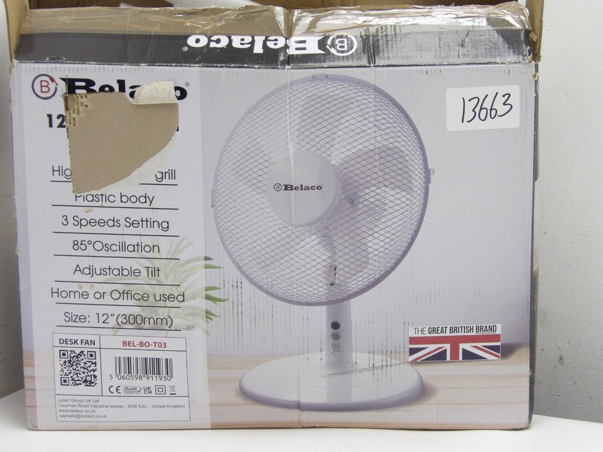 Belaco 12inch Table Fan Desk with 3 Speed Oscillating fan White (13663/A4B2)