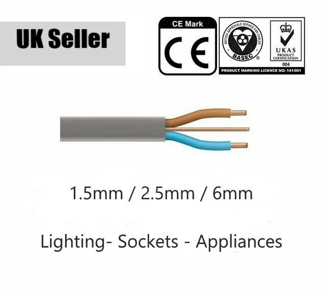 1.5mm 2.5mm 6mm TWIN AND EARTH CABLE LIGHTING/SOCKET/COOKER WIRE WIRING T&E GREY