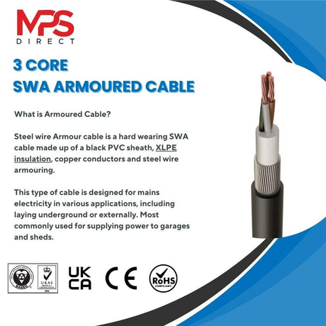 2.5mm SWA Steel Wire Armoured 3 Core Copper Outdoor Cable, 6943X, Cut to Size